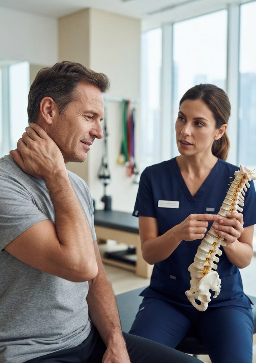 Physiotherapist providing manual therapy for a patient during cervical spondylosis treatment Dubai session